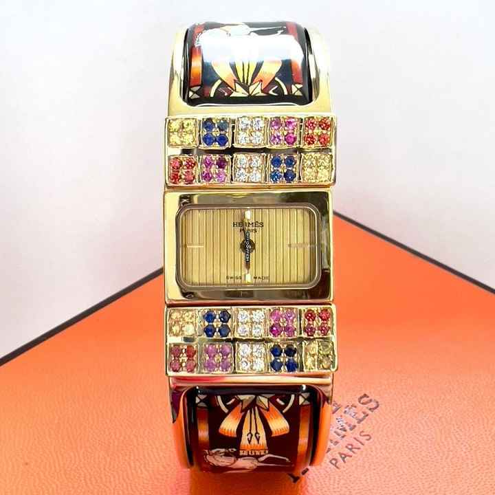  Hermès LOQUET 18k Goldplated Watch Multi-Color Sapphires & Diamonds </h1> 