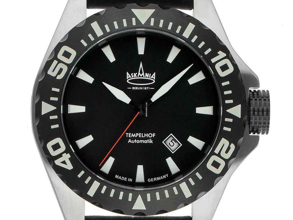  Askania Tempelhof Stahl Automatik Armband Leder 48mm Ref.TEM-6005 Box&Pap. Full Set Neu 
