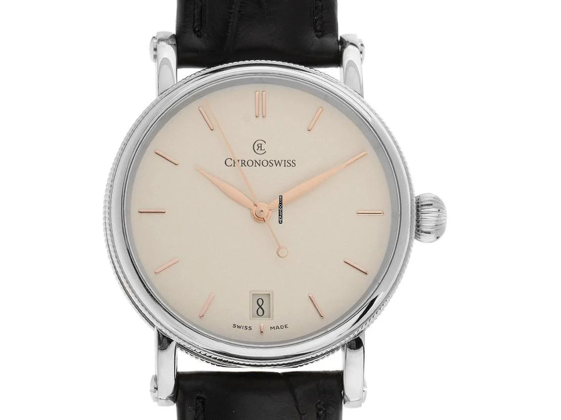  Chronoswiss Sirius Datum Stahl Automatik Armband Leder Medium Größe 34mm Ref.CH-2093 Box&Pap. Full Set Ungetragen 
