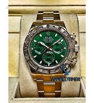 Rolex [NEW] Daytona Yellow Gold Green Dial Baguette Diamond Bezel 116568BR