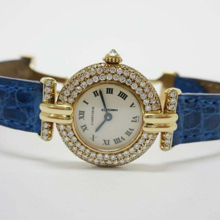  Cartier COLISÉE 18K Yellow Gold Watch Diamond Bezel Blue Band </h1> 