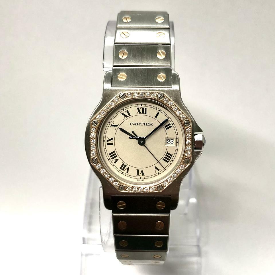  Cartier Santos OCTAGON Quartz 31mm 2 Tone 0.38TCW DIAMOND Watch  </h1> 