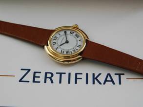 Thumbnail von Cartier 18 Karat Gelbgold Ellipse Gondolo mit Paris Blatt Handaufzug Vendome Damenuhr 26 mm </h1>