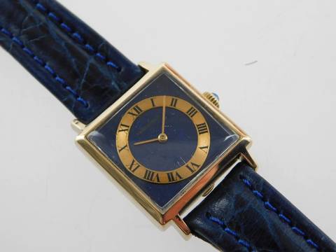  Jaeger-LeCoultre Classic Cocktail Watch Lapis Damenuhr Vintage massiv 18 Karat Gelbgold mit Lederband  