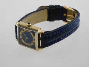 Thumbnail von Jaeger-LeCoultre Classic Cocktail Watch Lapis Damenuhr Vintage massiv 18 Karat Gelbgold mit Lederband