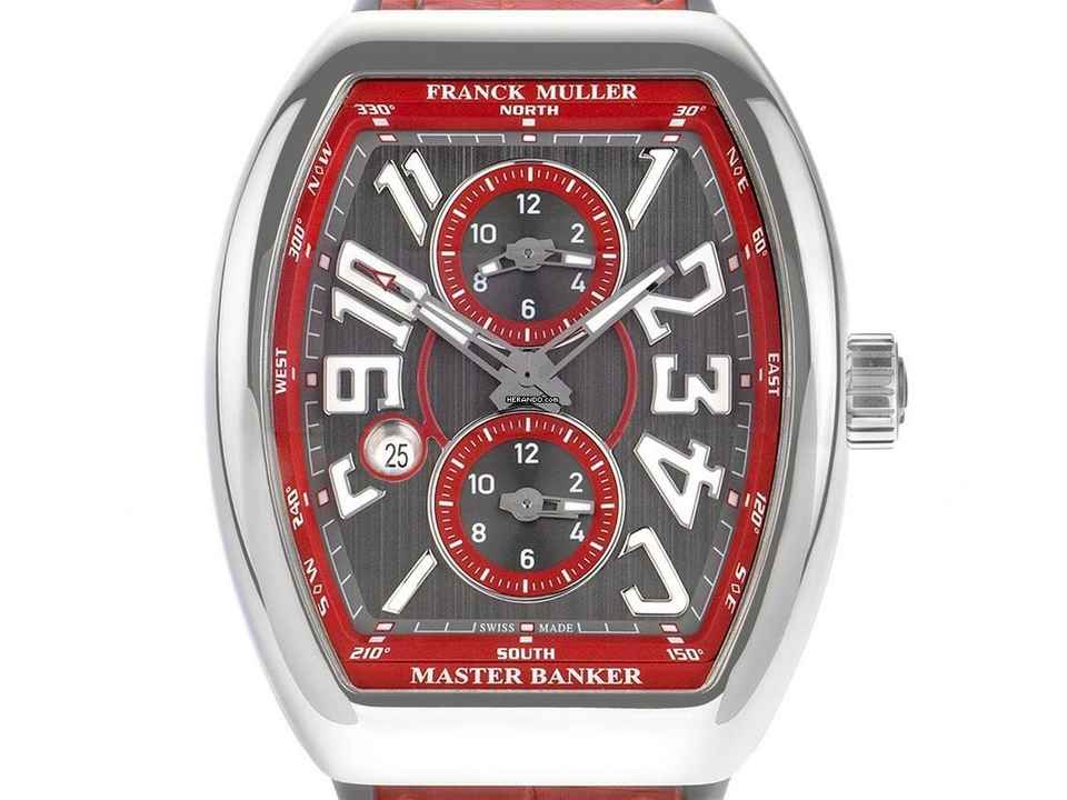  Franck Muller Vanguard Master Banker 3-Zeitzonen Stahl Automatik Armband Leder Kautschuk Faltschließe 54x44mm Box&Pap. Full Set Neu 