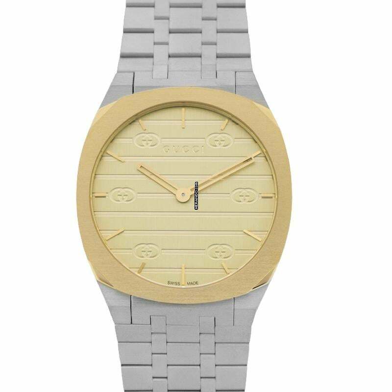  Gucci YA163405 - 25H Quartz Gold-tone Dial Stainless Steel Unisex Watch </h1> 