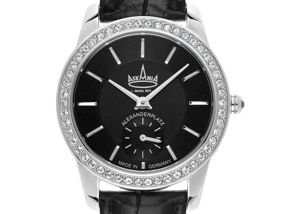  Askania Alexanderplatz Lady Stahl Quarz Armband Leder 32mm Ref.ALE-2041 Box&Pap. Full Set Neu  