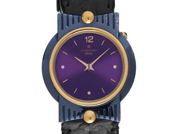  Junghans Mega Funkuhr Stahl Gelbgold Quarz Armband Leder Klappschließe 29mm Ref.037/3300 Vintage Bj.1993 Box&Pap. Full Set  