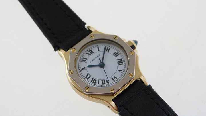  Cartier Santos 18 Karat Gelbgold Santos Octagon Automatik Damenuhr mit seltener Weißgoldlünette </h1> 