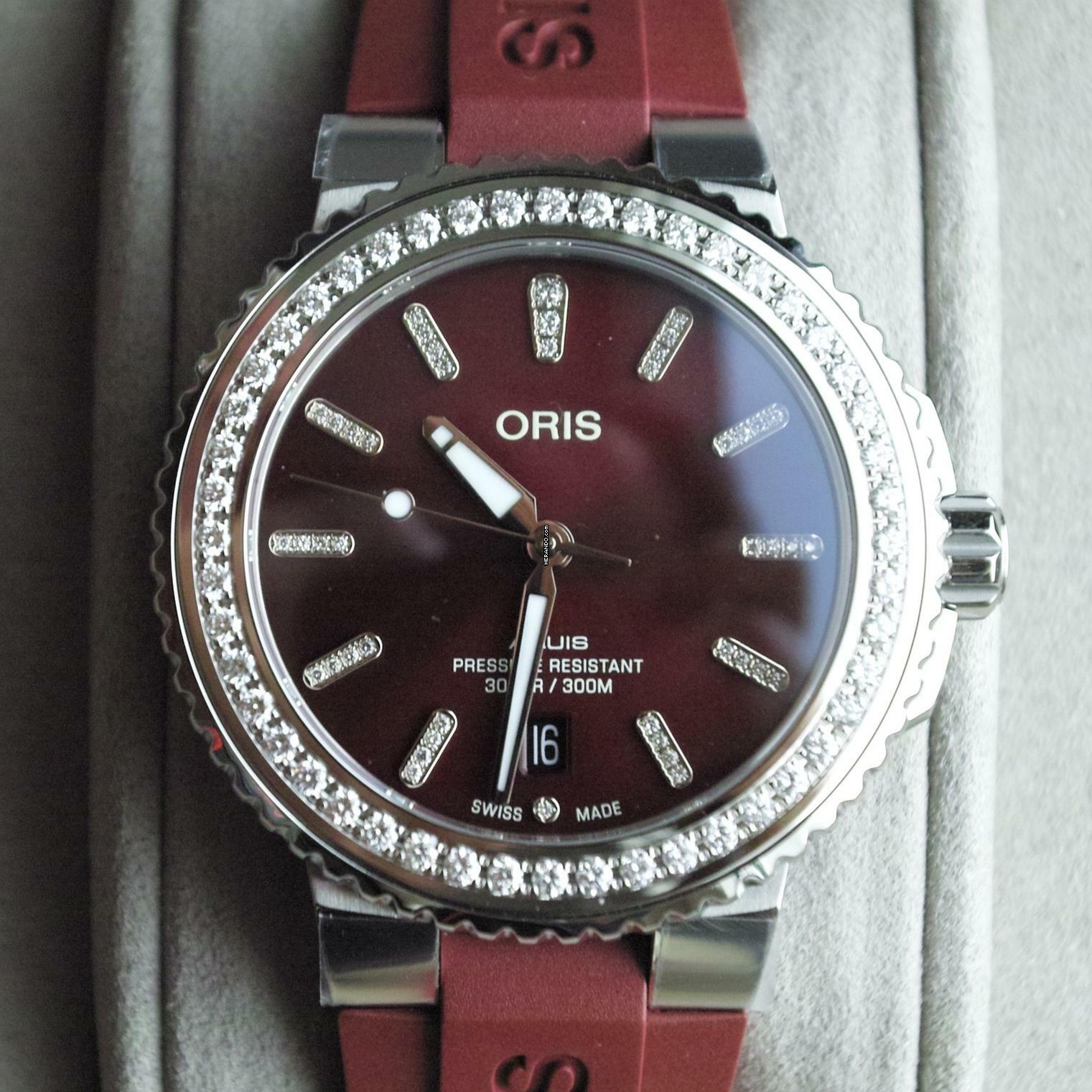  Oris Aquis Date Diamonds Rubber Strap Red Dial FULL SET 