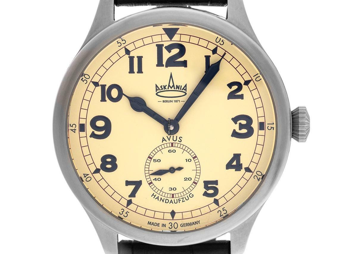  Askania Avus Stahl Handaufzug Armband Leder 42mm Ref.AVU-3641 Box&Pap. Full Set Neu 