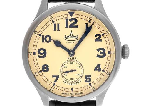 Askania Avus Stahl Handaufzug Armband Leder 42mm Ref.AVU-3641 Box&Pap. Full Set Neu 