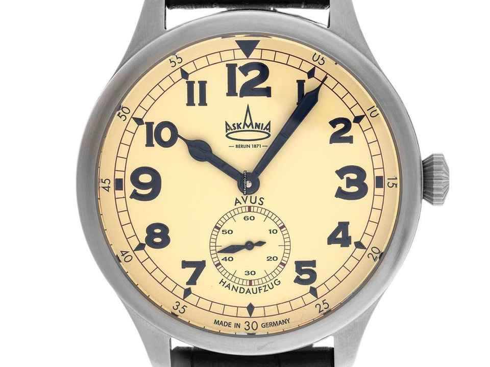  Askania Avus Stahl Handaufzug Armband Leder 42mm Ref.AVU-3641 Box&Pap. Full Set Neu 