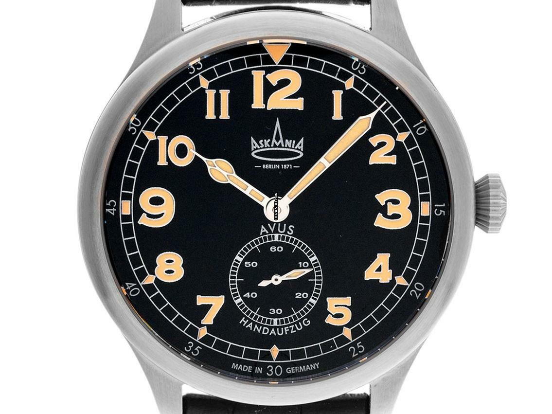  Askania Avus Stahl Handaufzug Armband Leder 42mm Ref.AVU-3642 Box&Pap. Full Set Neu 