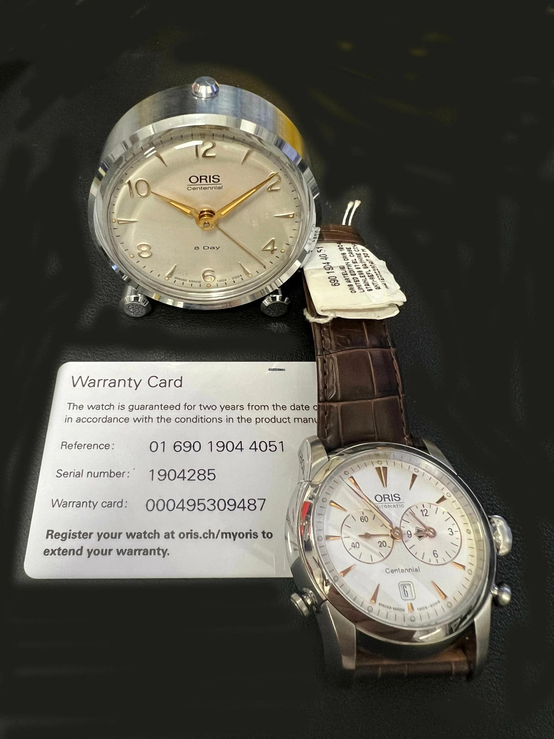  Oris For its centenary Oris launches the Oris Centennial Set 1904 Limited Edition includes an Artelier Worldtimer Automatic Stainless Steel Wristwatch and an 8-Day Alarm Travel clock one of the company’s most iconic historic designs. It is limited to 1