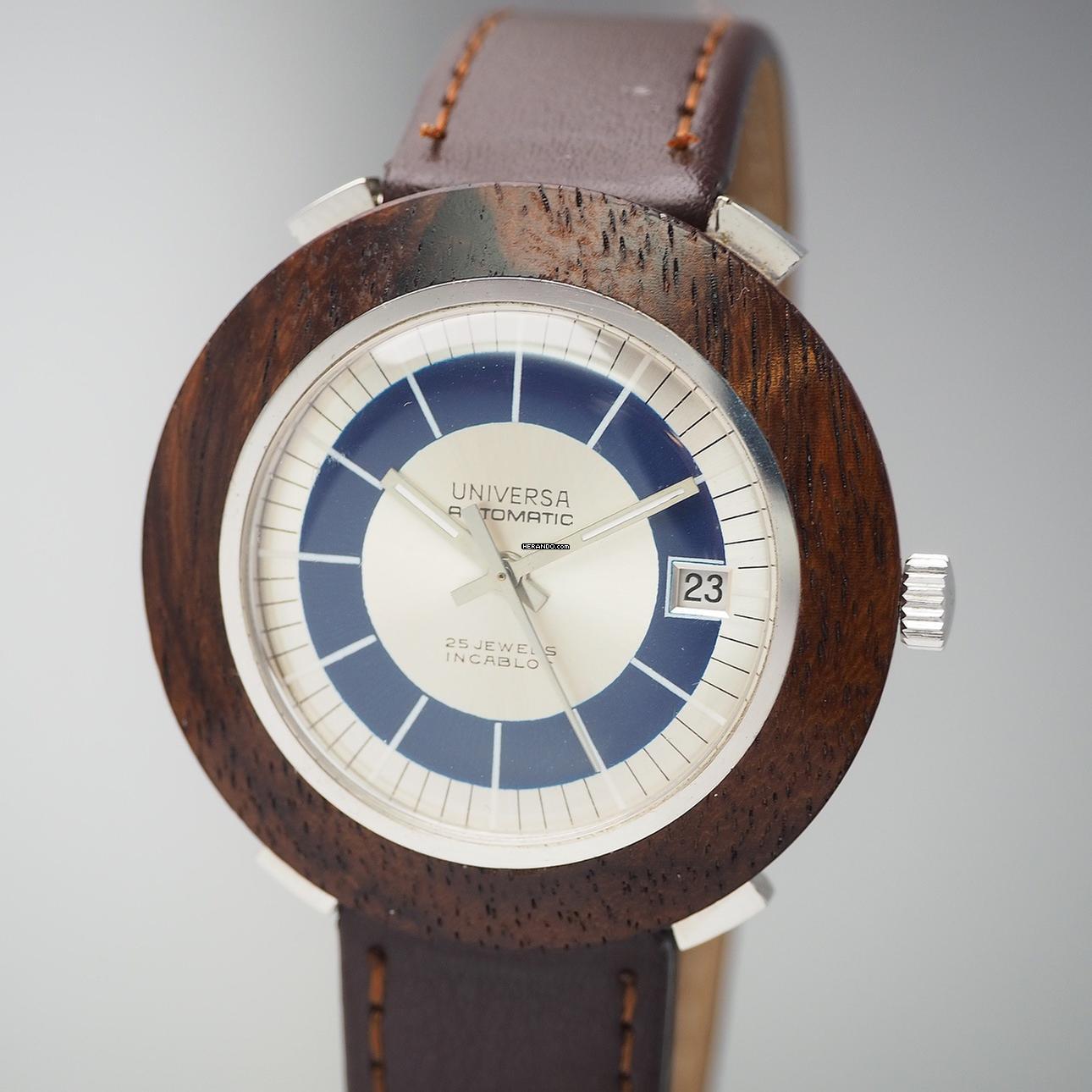  Universa Watch automatic Date WOOD Silver 925 RARE 