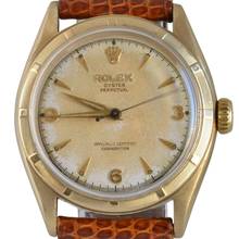 Thumbnail von Rolex Oyster Perpetual 34 6085 Bubbleback Explorer radium dial yellow gold 10KT 1951’s </h1>