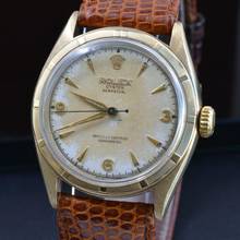 Thumbnail von Rolex Oyster Perpetual 34 6085 Bubbleback Explorer radium dial yellow gold 10KT 1951’s </h1>