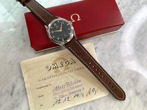 Thumbnail von Omega Classic Serviced 35mm Vintage FULL SET Box Papers Black Restored Dial 2605 2605