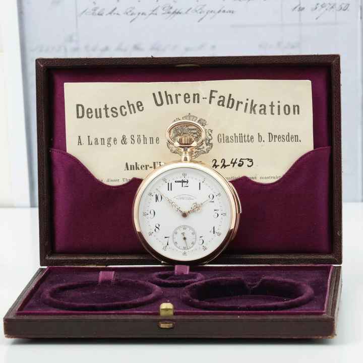  A. Lange & Söhne Full Set14k Gold Taschenuhr ¼ Repetition Original Etui Garantiekarte 1885  