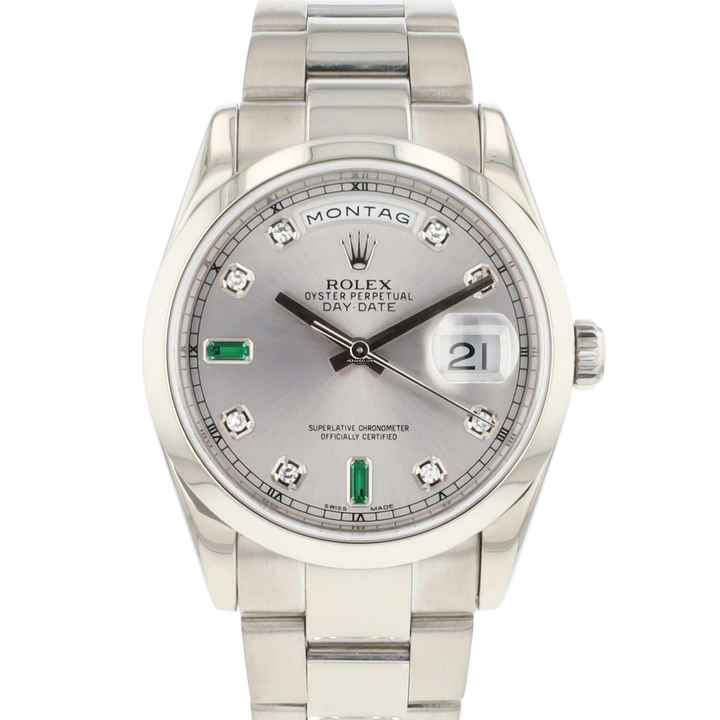  Rolex Day-Date 36 White Gold Silver Diamond Baguette Dial </h1> 