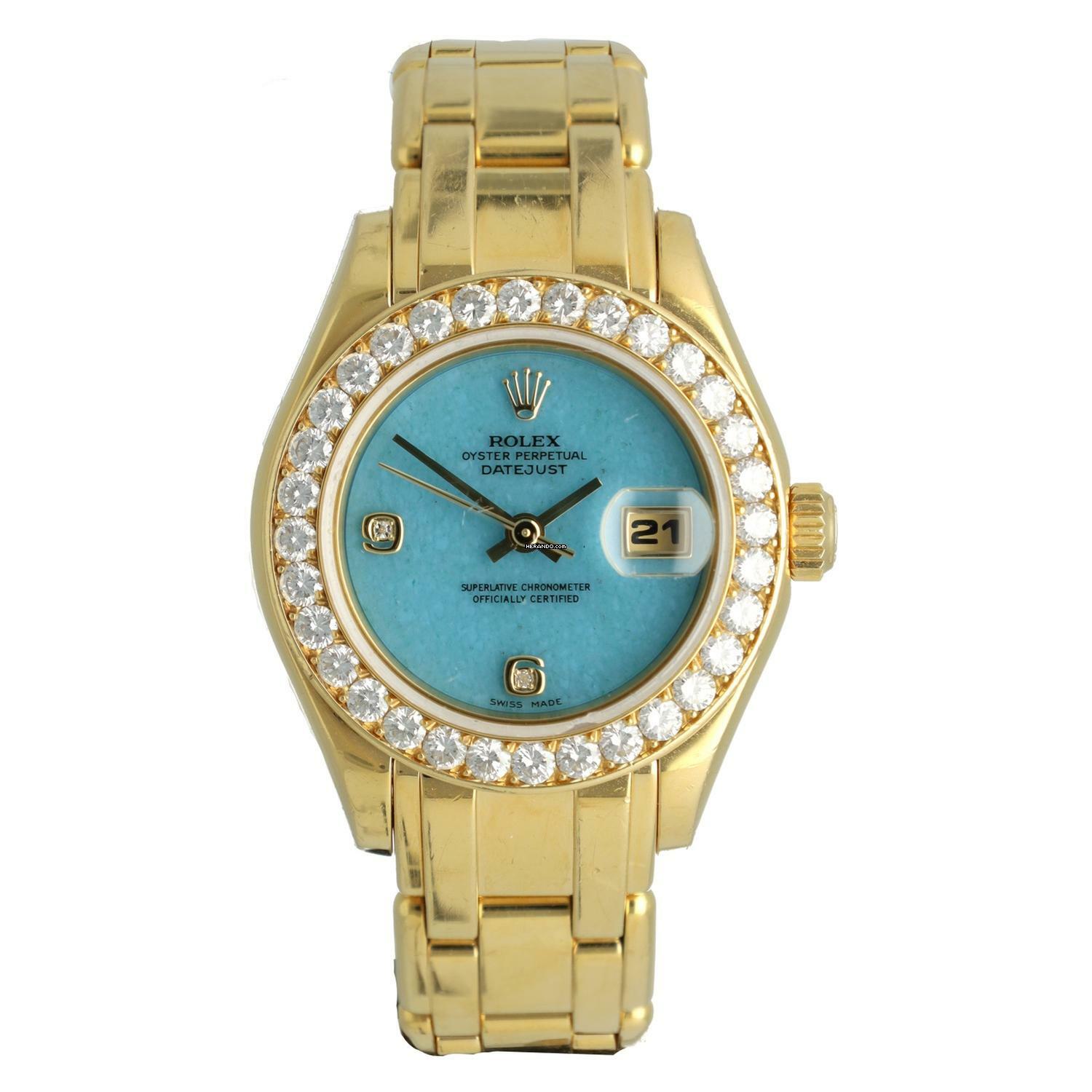 Rolex Lady-Datejust Pearlmaster 29 Factory Diamonds Turkoise Dial Full Set. With Box and Papers