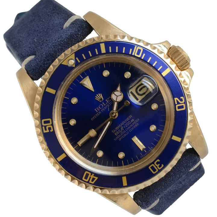  Rolex Submariner Date 1680/8 Soleil blue dial yellow gold 18KT 1975's  