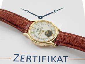 Thumbnail von Jaeger-LeCoultre Classic 18 Karat Gelbgold Triple Date Moon Automatik mit Eidechsband im Top Zustand seltene massiv 18 Karat Gelbgoldene Herrenuhr