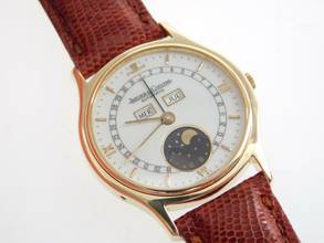 Thumbnail von Jaeger-LeCoultre Classic 18 Karat Gelbgold Triple Date Moon Automatik mit Eidechsband im Top Zustand seltene massiv 18 Karat Gelbgoldene Herrenuhr