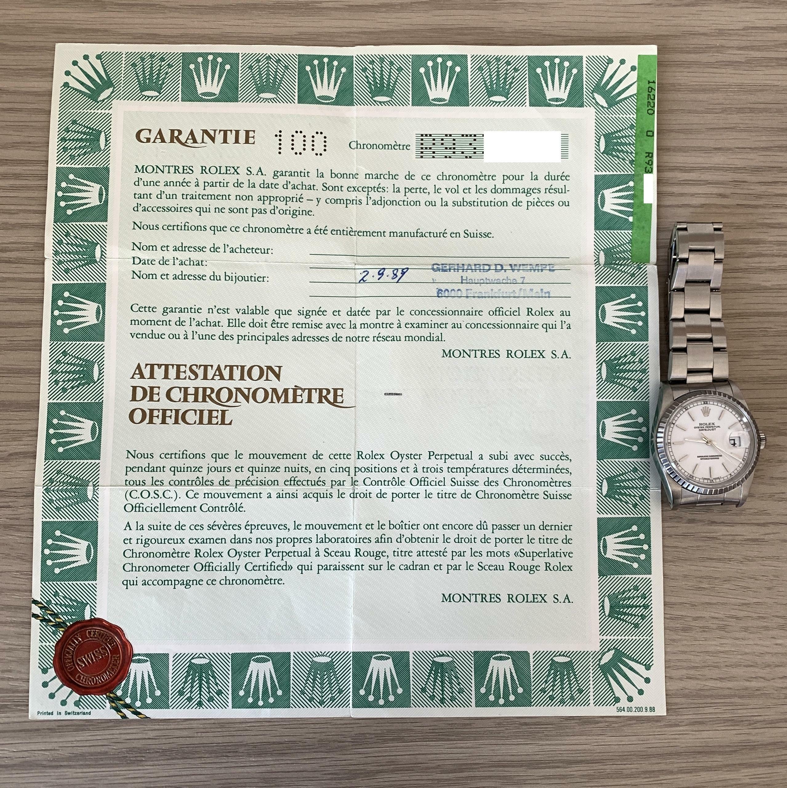 Thumbnail von Rolex Datejust 36 16220 white dial Full Set 1989 </h1>