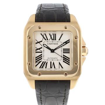 Cartier Santos 100 MM Rose Gold Silver Dial 