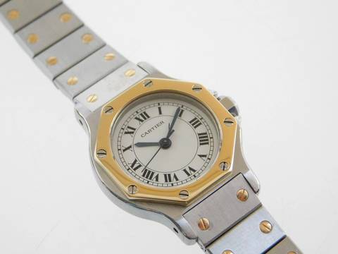  Cartier Santos Octagon Automatik Damenuhr Stahl Gold Rarität aus den 80 er Jahren Mit original Cartier Zertifikat 