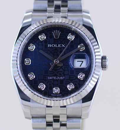  Rolex Datejust 36 blue 36mm Diamond Laser Dial Jubiléband fluted Whitegold B+P  