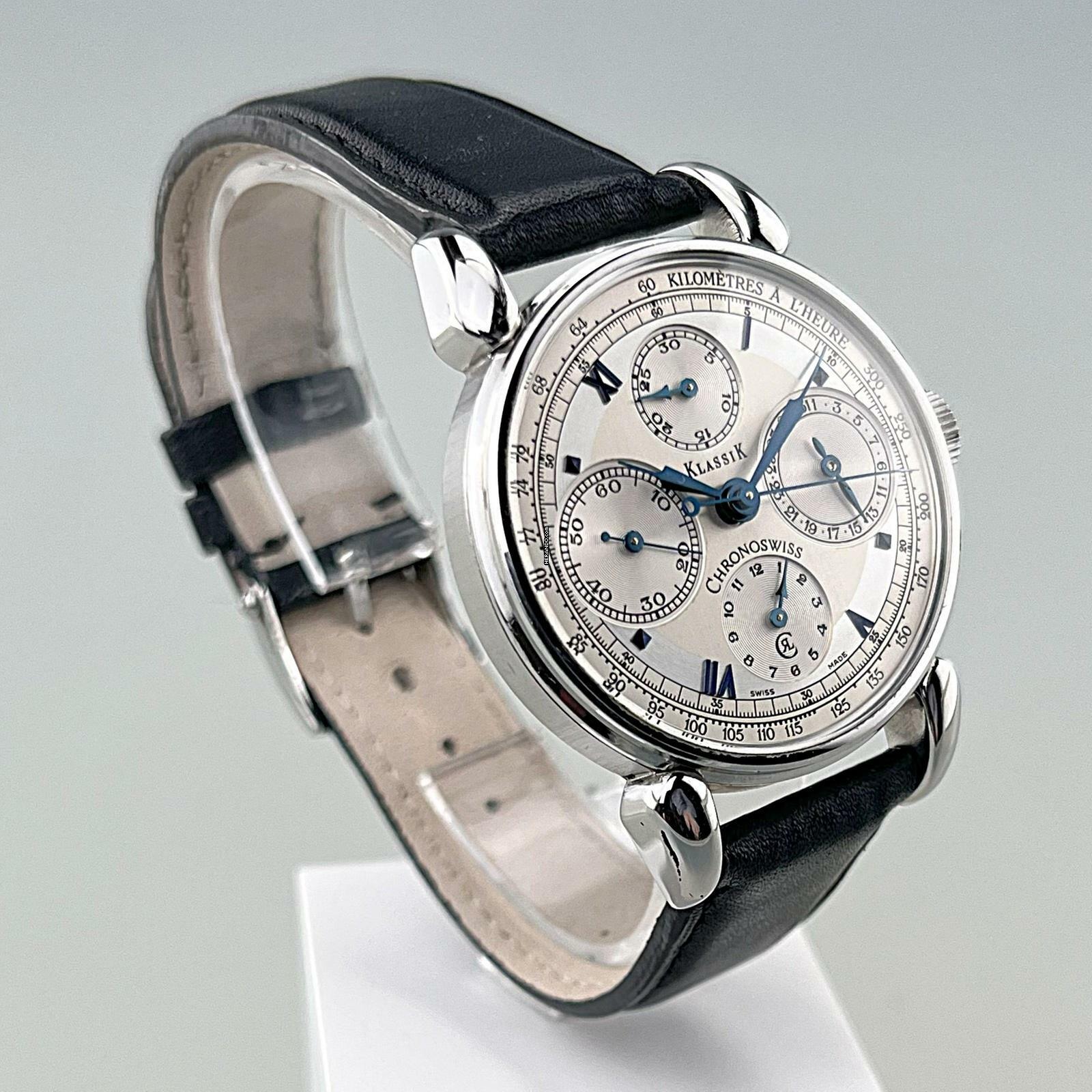  Chronoswiss Classic Klassik Chronograph Ref. CH-7443 37mm Zifferblatt silber mit gebläuten römischen Ziffern mit Original Kaufbeleg Original Chronoswiss Serviceheft 