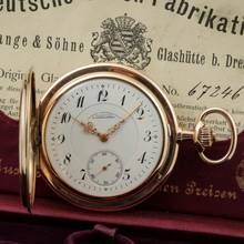 Thumbnail von A. Lange & Söhne Full Set Glashütter Sprungdeckel Taschenuhr Royal mit Perlenrand 14k Gold 1908 Zertifikat vom Uhremnuseum in Glashütte Original Leder Etui