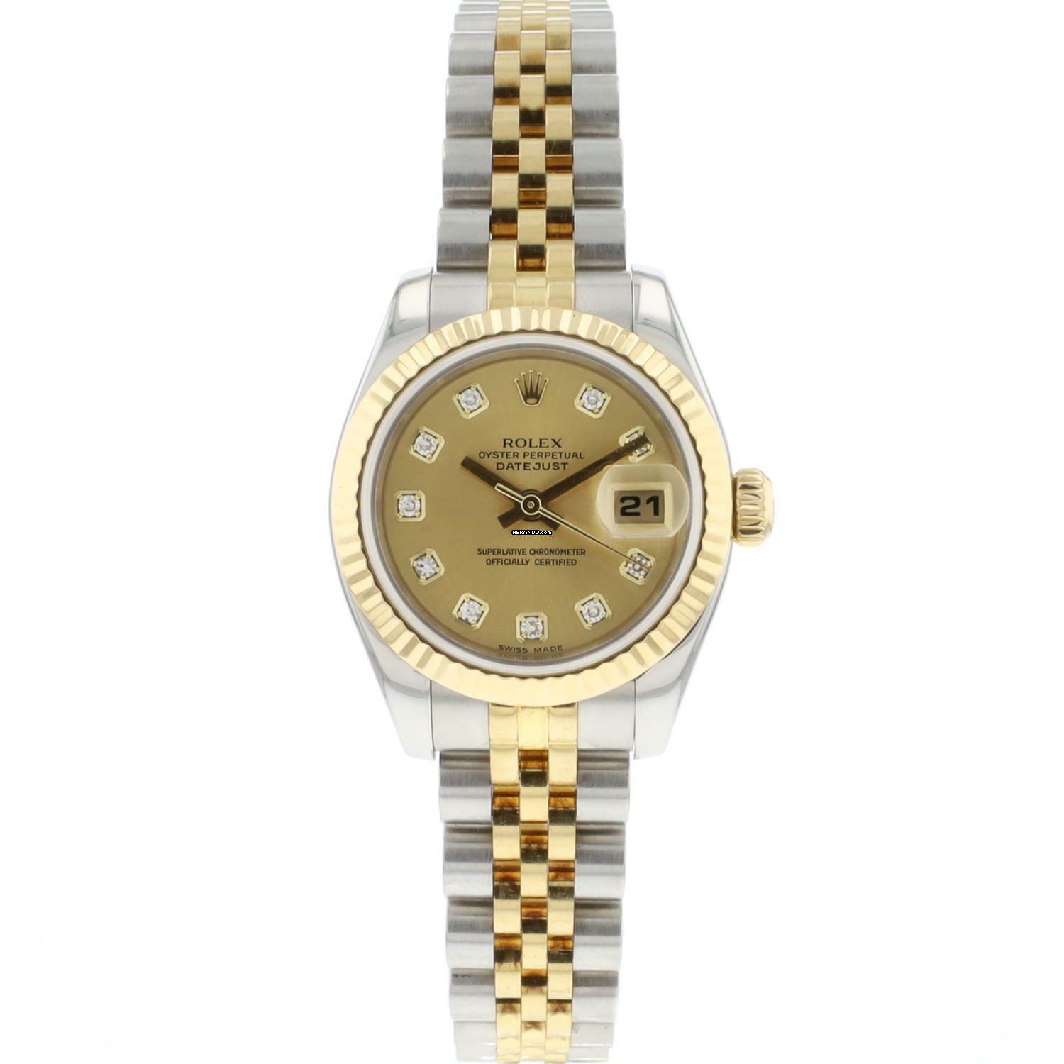  Rolex Lady-Datejust 26 Jubilee Fluted Steel Gold Champagne Diamond Dial 