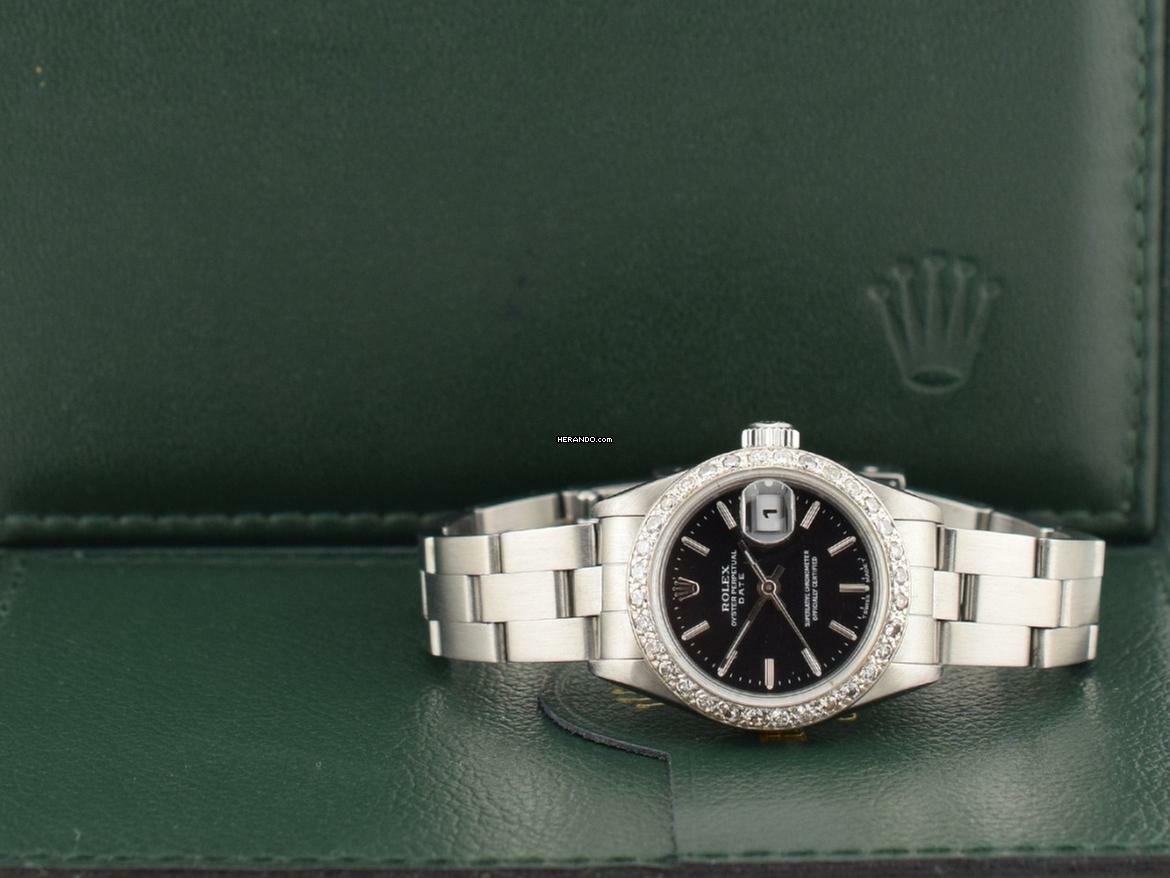 Rolex Oyster Perpetual Lady Date Datejust Lady 26mm Black Dial With After Diamonds Bezel - Full Set