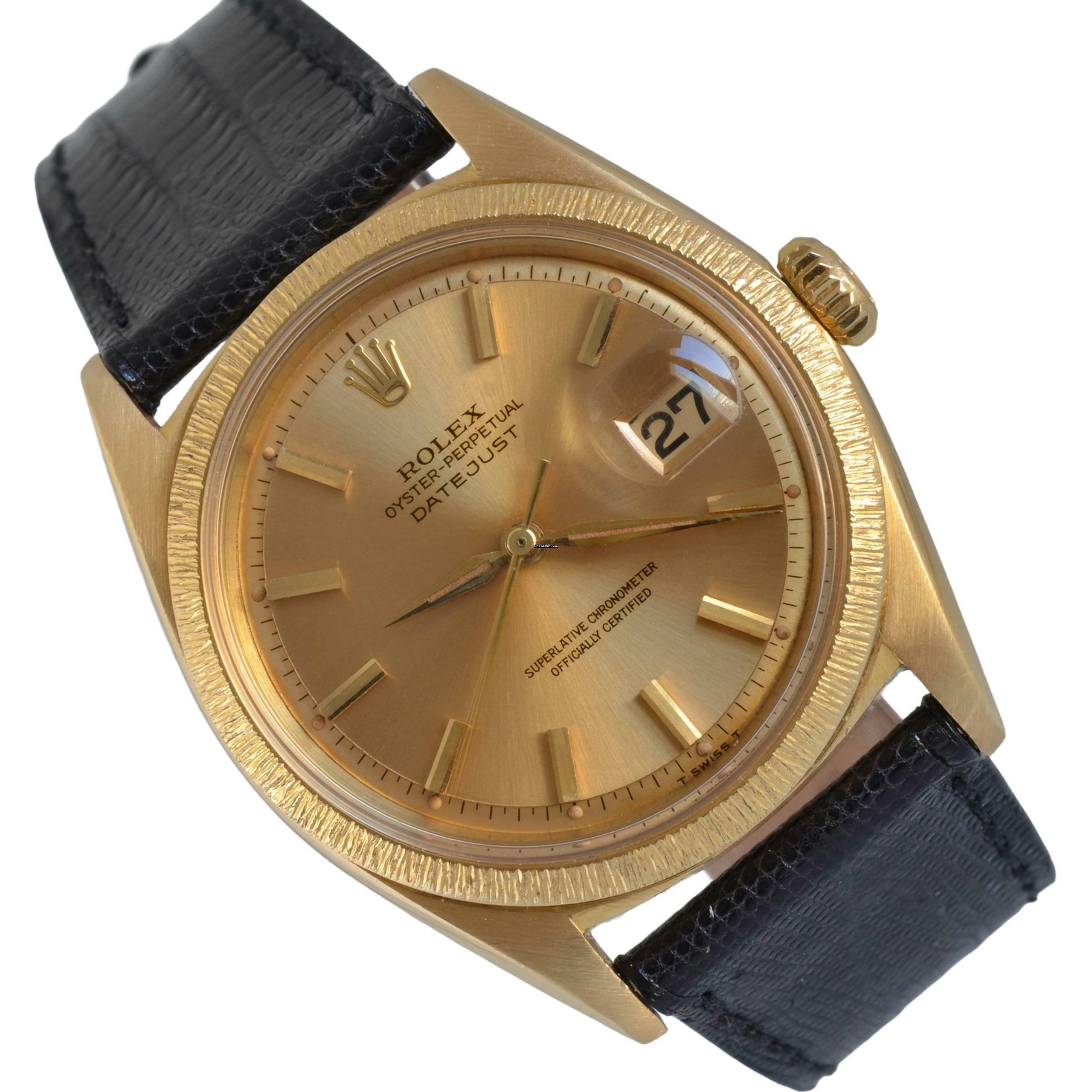 Rolex Datejust 36 1607 champagne dial bark finish bezel gold 18KT 1964 Full Set