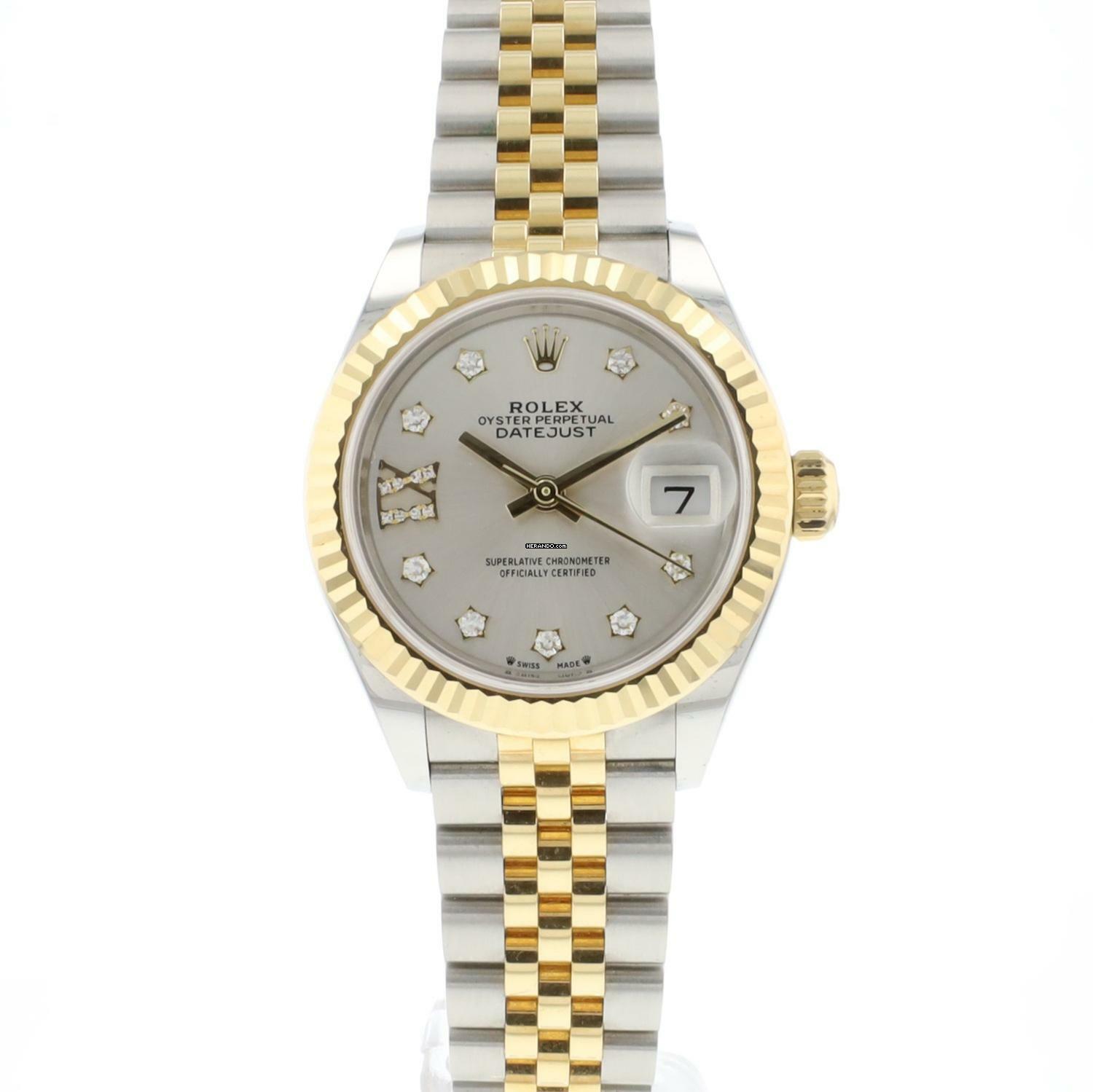  Rolex Lady-Datejust 28 Steel / Gold Fluted Jubilee Silver Diamond Dial Like New '21 