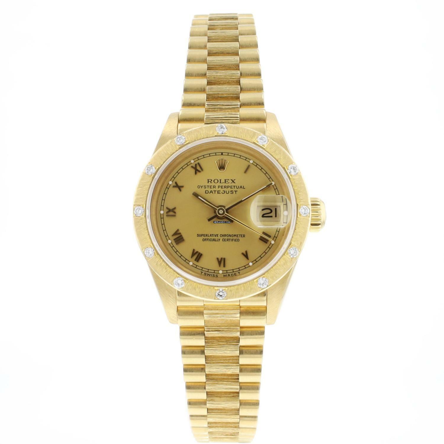  Rolex Lady-Datejust 26 Yellow Gold President Champagne Roman Dial Bark Bezel Diamonds 