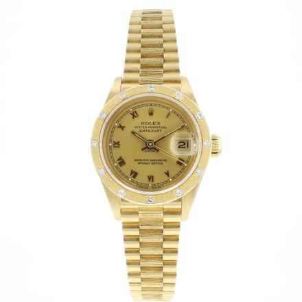  Rolex Lady-Datejust 26 Yellow Gold President Champagne Roman Dial Bark Bezel Diamonds 