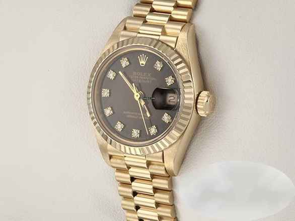  Rolex Lady-Datejust Gelbgold 750 Diamanten Automatik 18kt Yellow Gold Damen President-band Chronometer Oyster Black Dial 
