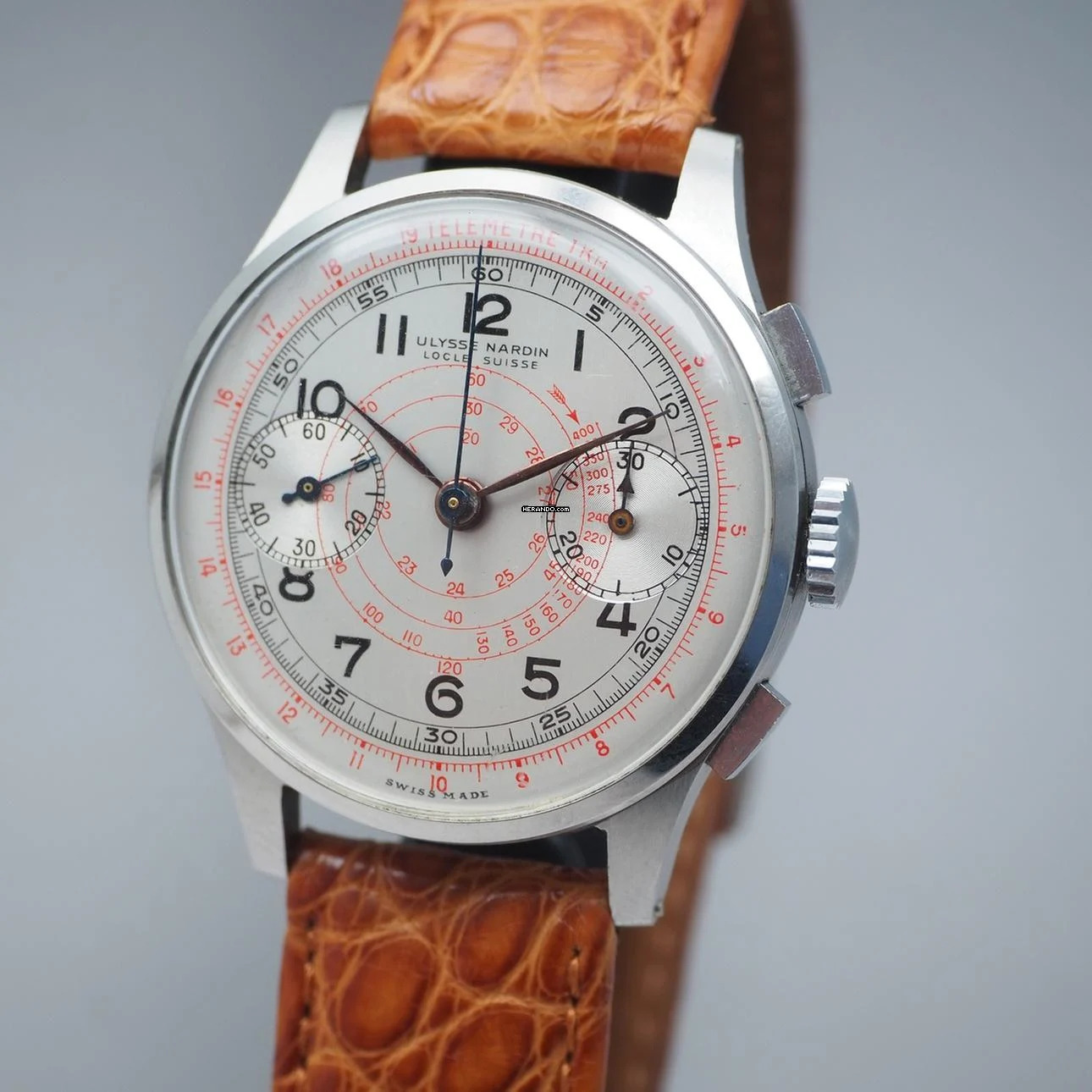  Ulysse Nardin Chronograph Vintage Schnecken-Tachymeter-Skala um 1940 Stahl/Leder Box + papers 