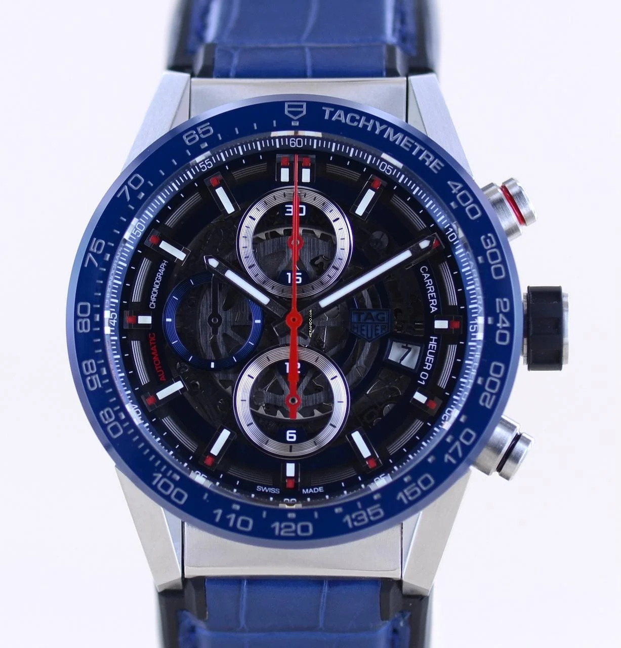 TAG Heuer Carrera Calibre HEUER 01 Date Chronograph Heuer 01 Blue Ceramic Steel 43mm Skeleton B+P