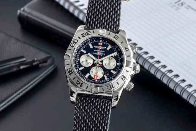  Breitling Chronomat GMT 47 GMT Chronograph Stahl Automatik Ref. AB0413B9/BD17 B&P 