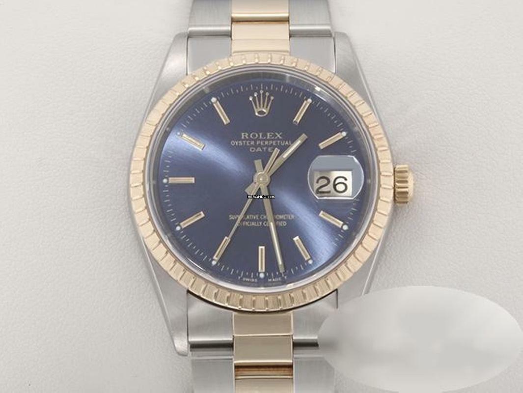 Rolex Oyster Perpetual Date 34mm 15223 Stahl Gelbgold 750 Automatik Medium 18kt Yellow Gold Edelstahl Stainless Steel Oyster-band Chronometer Blue Dial