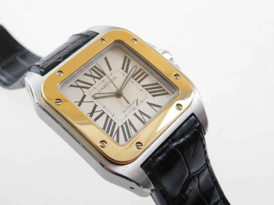  Cartier Santos 100 XL 38 x 51 mm im Top Zustand mit Box und original Krokoband Stahl Gold Neues Original Cartier Krokoband und Faltschließe 