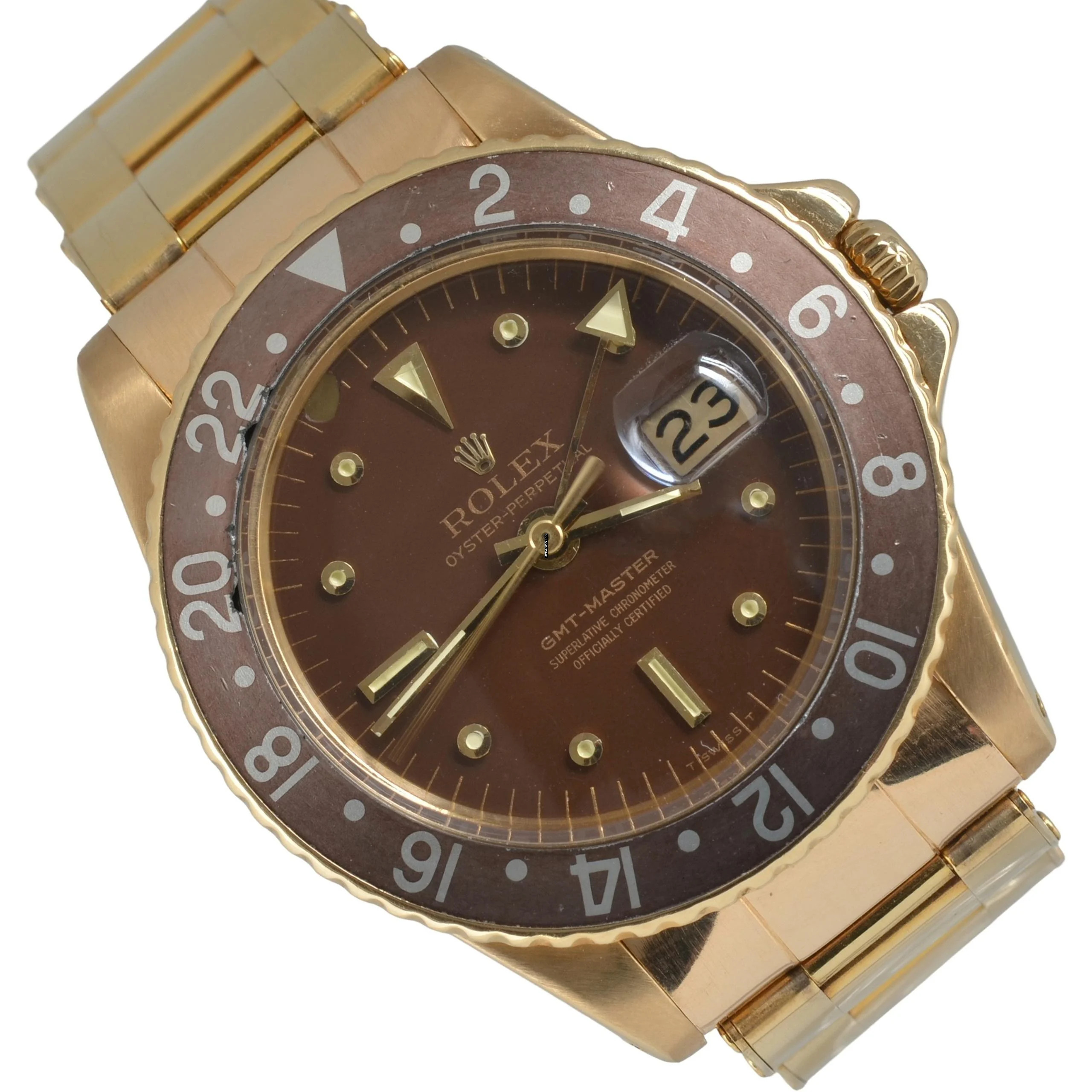 Rolex GMT-Master 1675 Concorde Chocolate Enamel dial yellow gold 18KT 1968