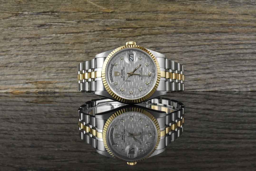  Tudor Prince Date Day 76213 Silver Linen Diamond Dial Automatik 